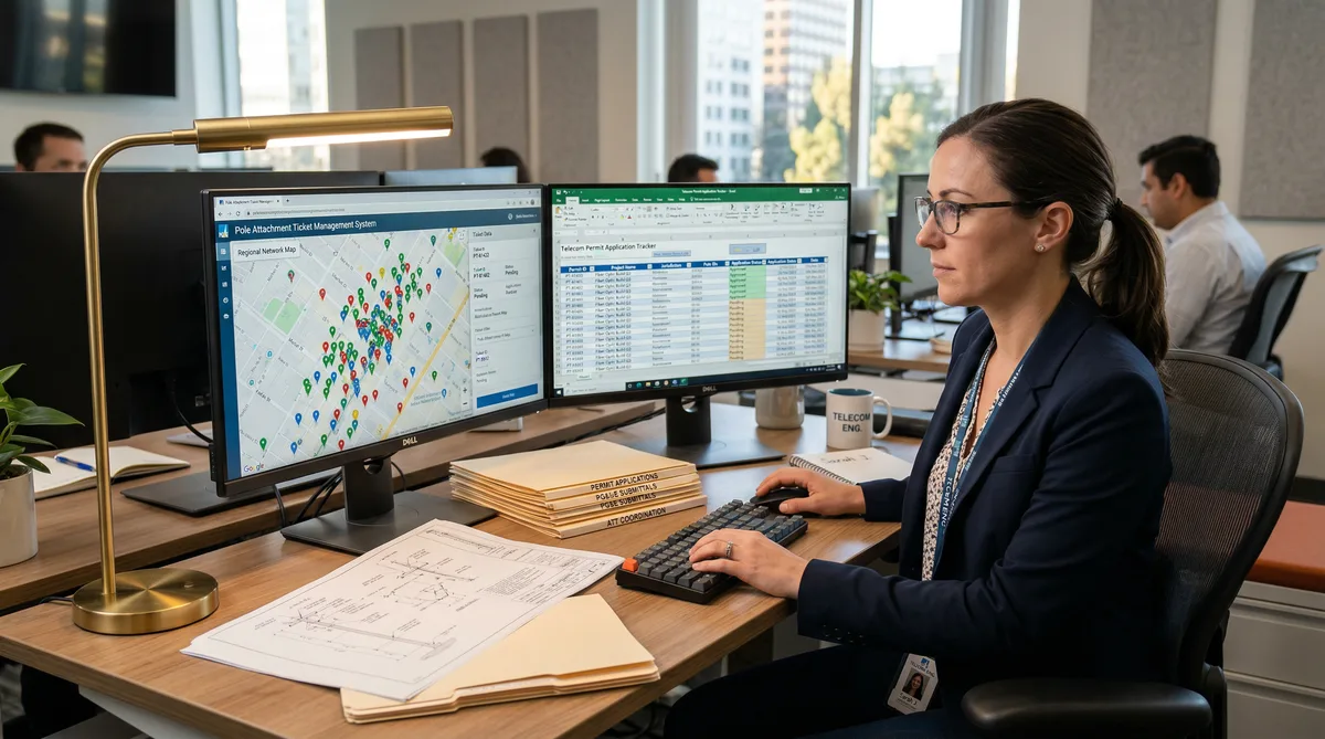 Permit coordinator managing NJUNS pole attachment applications on dual monitors with pole location map and ticket tracker
