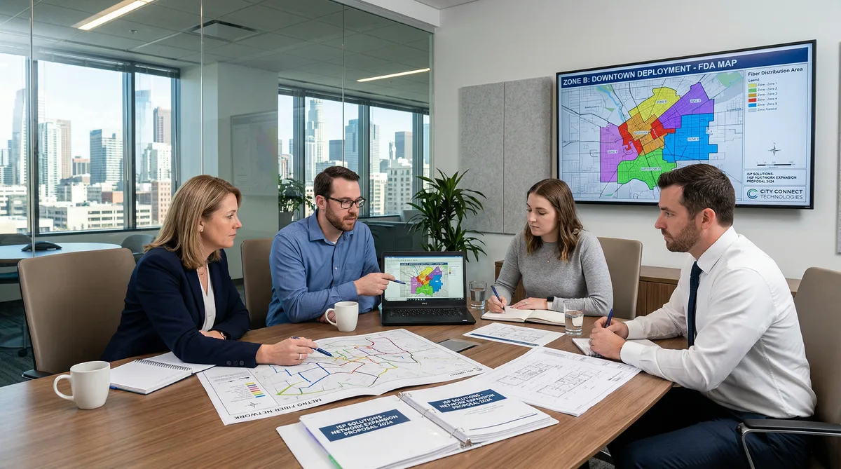 ISP client team and OSP engineering firm reviewing fiber deployment proposal with route maps and distribution area map on conference room screen