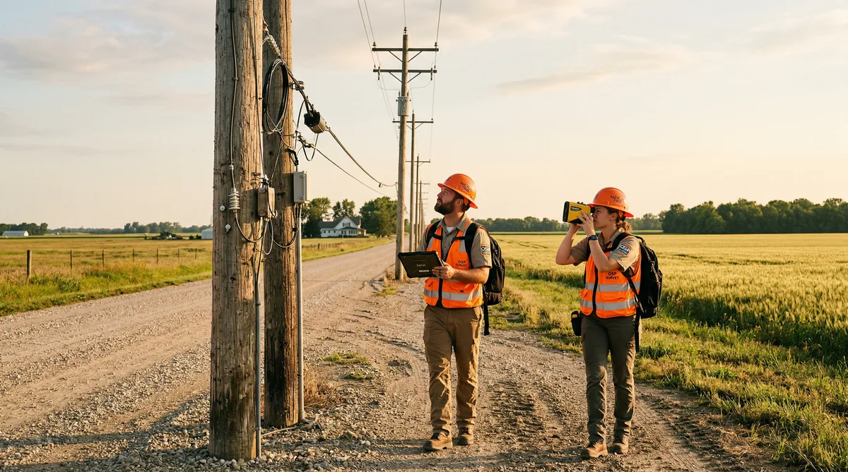 Two-person OSP field survey crew collecting pole data with tablet and range finder along rural utility pole line at sunrise