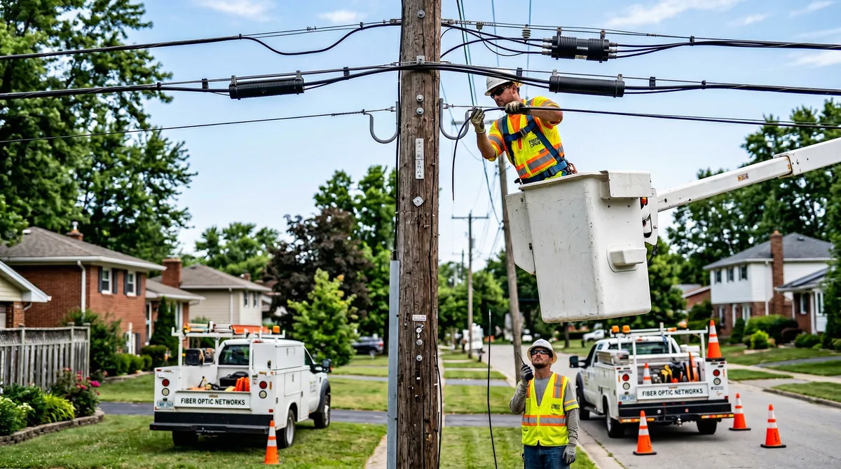 Fiber construction crew performing one touch make ready attachment work on utility pole in suburban neighborhood with bucket truck