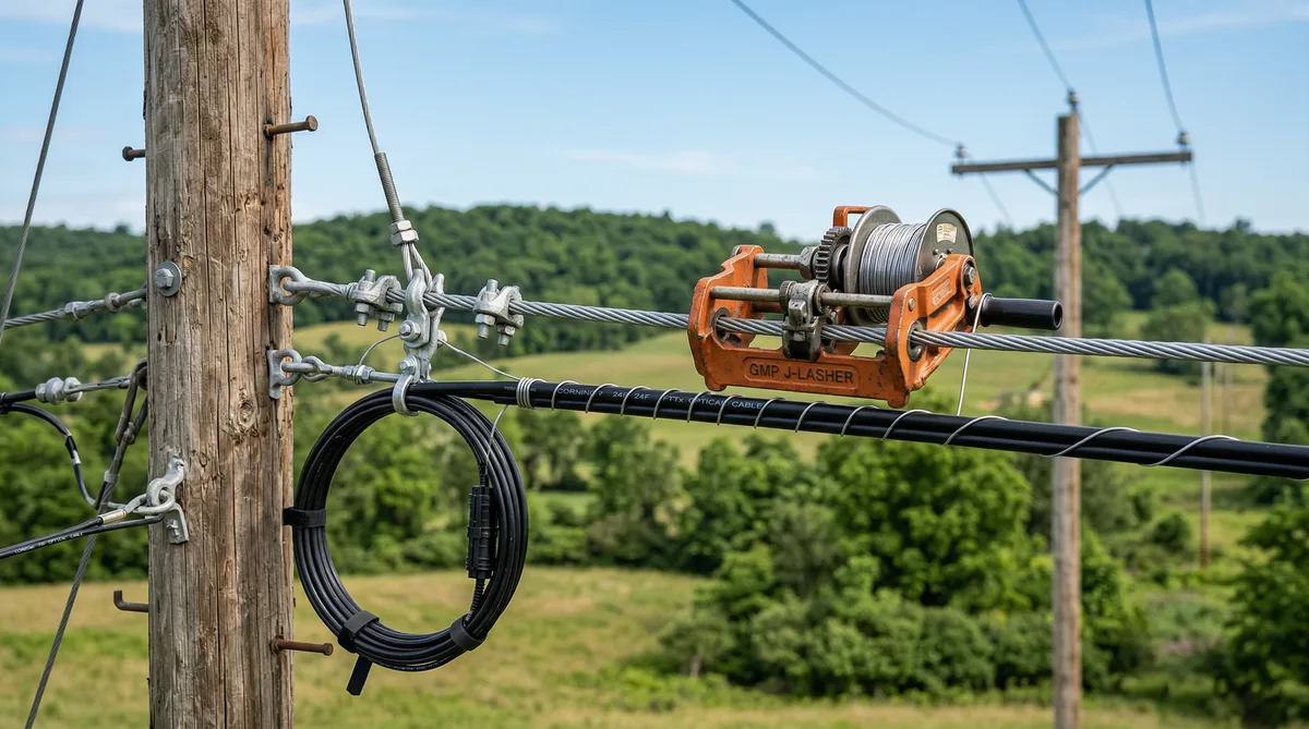 Close-up of J-lasher machine overlashing fiber optic cable onto existing messenger strand with bug nut hardware on rural pole line