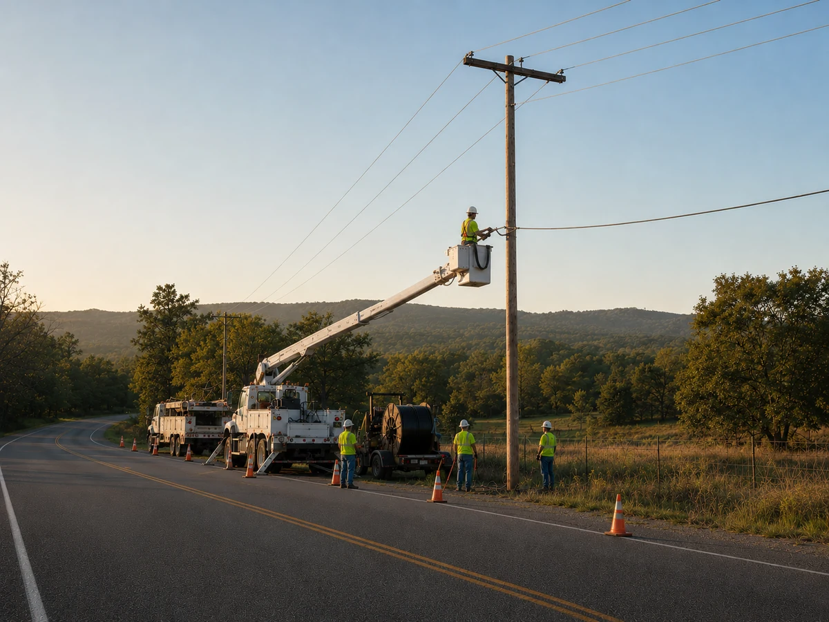 Utility construction crews building fiber and power distribution