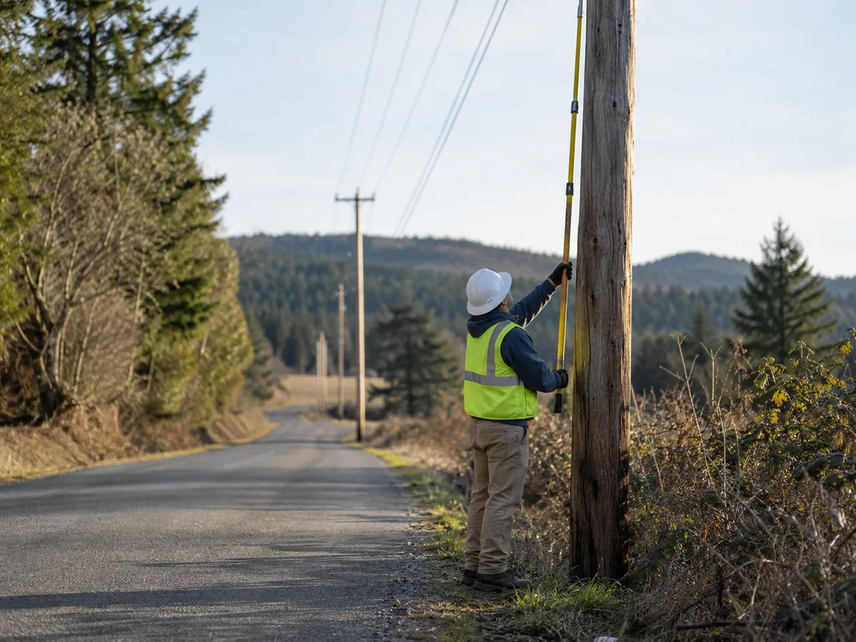 Field survey technician measuring utility pole attachment heights with a height stick