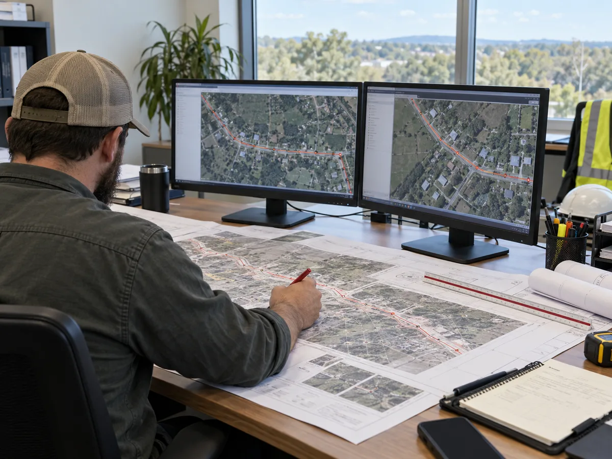 OSP design engineer reviewing fiber route plan sheets and a route map