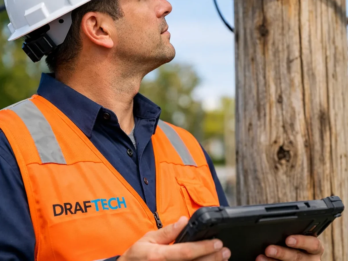 Draftech engineer inspecting pole hardware and loading points with a field tablet