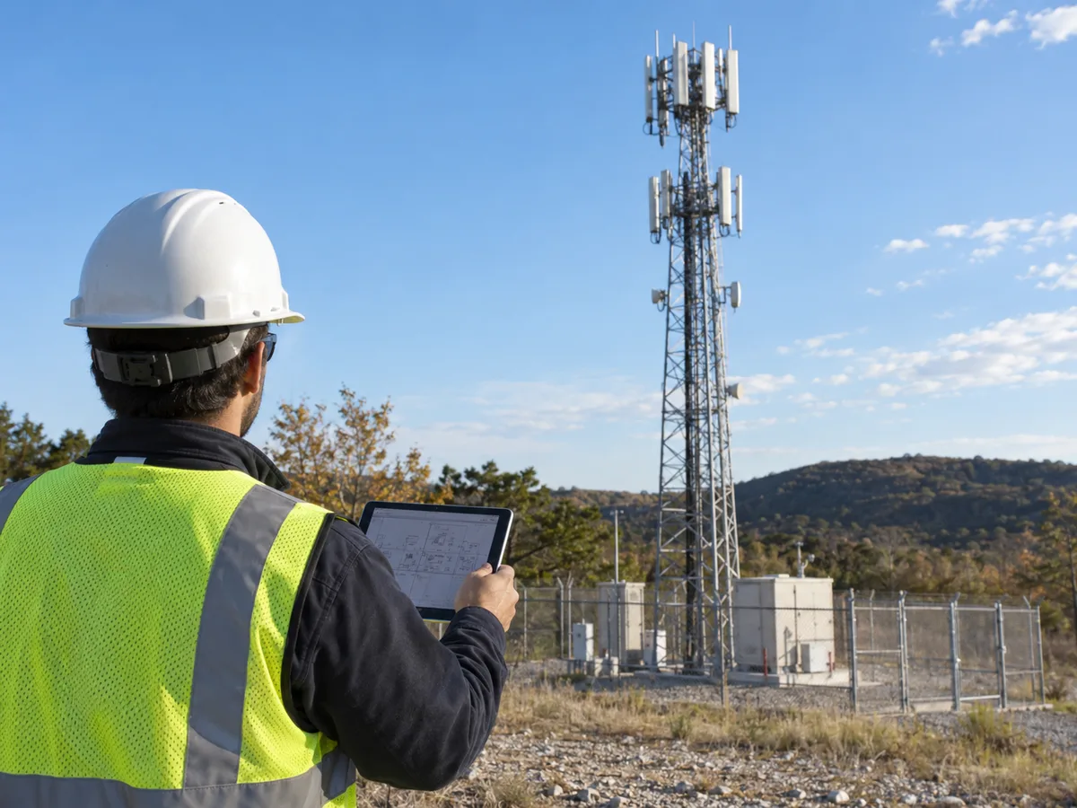 Wireless engineer at the base of a cell tower reviewing a site plan