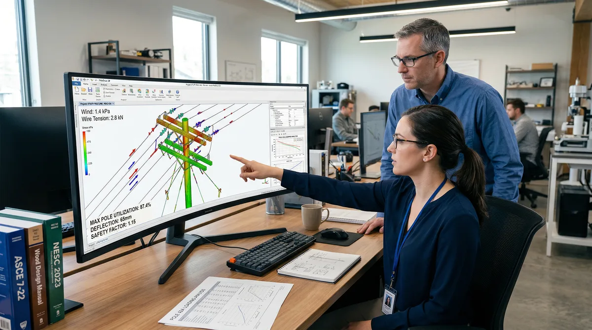 Engineers reviewing 3D pole loading analysis model with wind load vectors and utilization percentages in structural analysis software